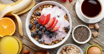 Avoid sugary foods for breakfast and opt for whole grains, proteins and eggs. top view of healthy breakfast ingredients, selective focus