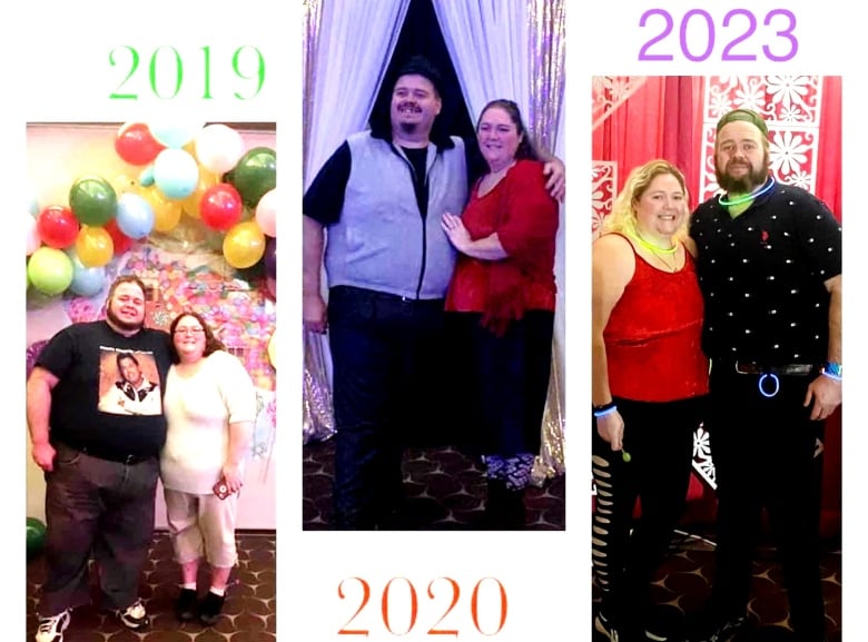 A collage of three photos of Tom Smith and his wife showing his weight loss in three years.