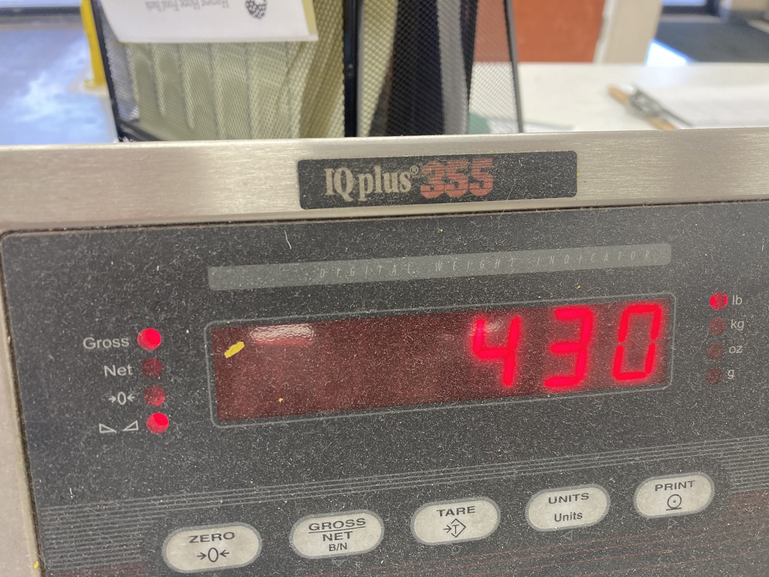 Scale indicating the weight of the food given
