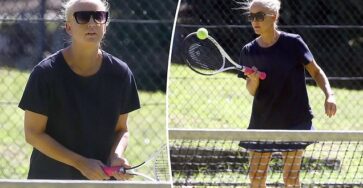 Radio star Jackie 'O' Henderson breaks a sweat on the tennis court after losing weight